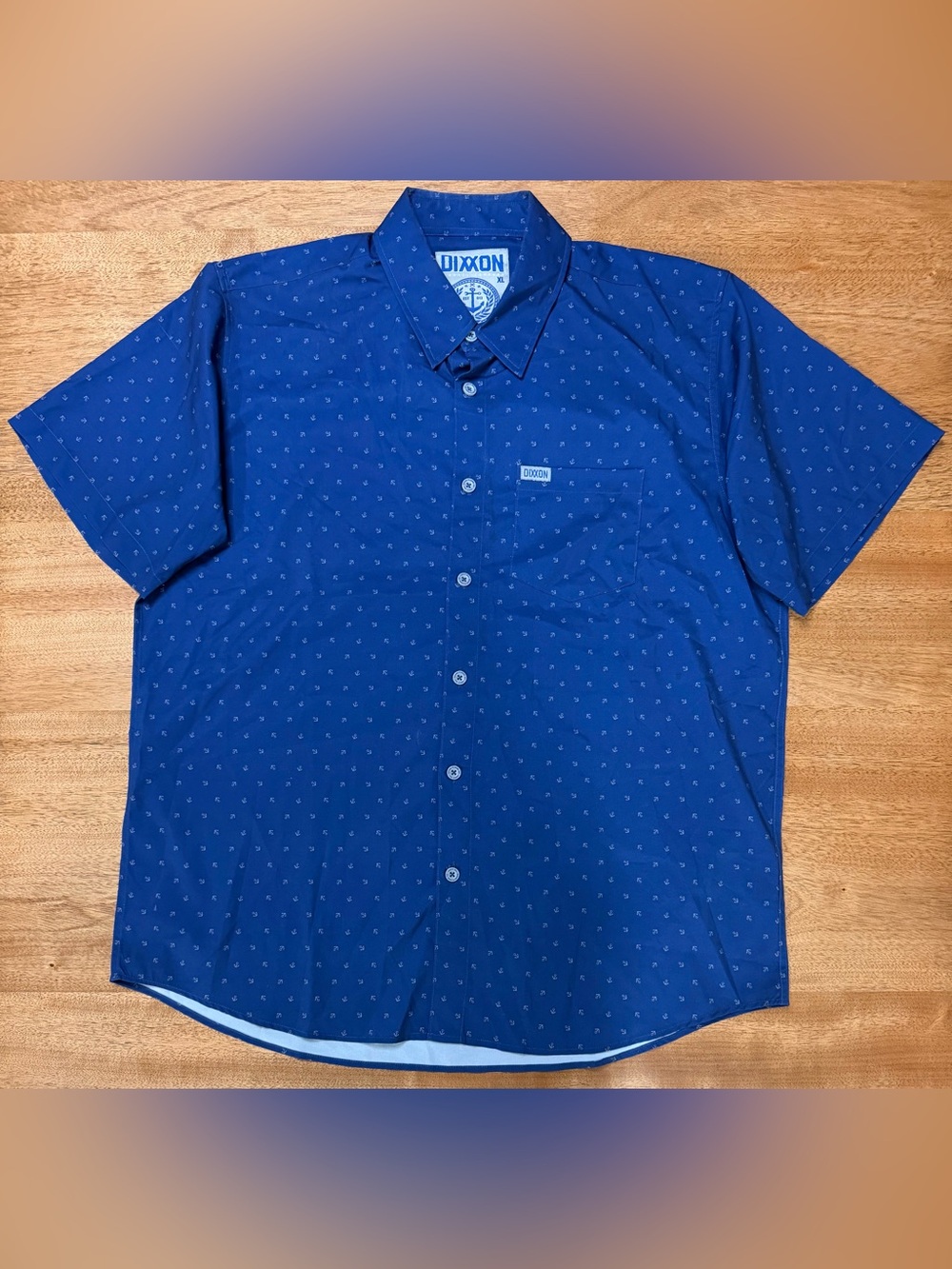 Dixxon - “The Avery” Blue Anchor Print Men’s Short Sleeve Button-Up, Size XL